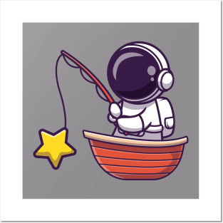 Astronaut Fishing Star On Boat Cartoon Posters and Art